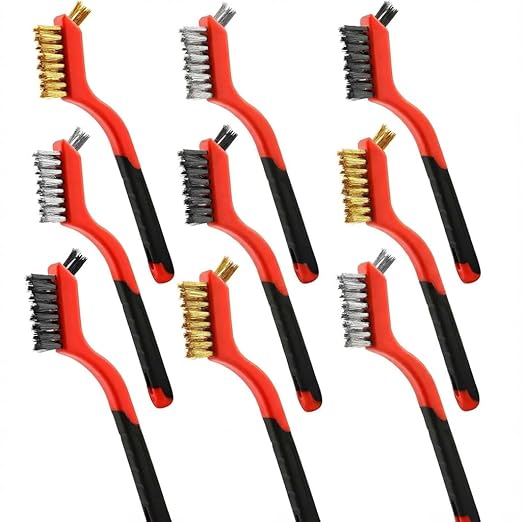 Wire Brush Set 9 Pack – 3 Brass, 3 Stainless Steel, 3 Nylon Detail Brushes for Rust Removal, Metal Cleaning, BBQ Grill, Auto Parts, Household Deep Cleaning – Wire Brushes for Multi-Purpose Use