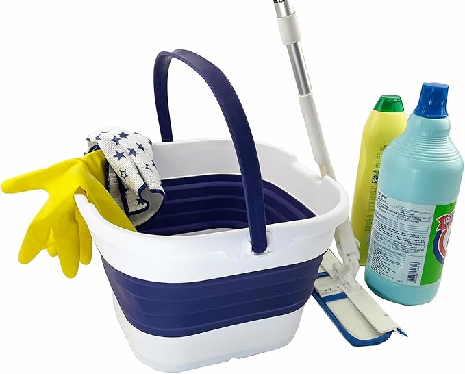 SAMMART 9.5L (2.5 Gallon) Collapsible Rectangular Handy Bucket (White/Navy Blue (Set of 2))