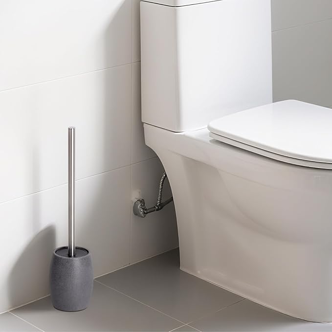 Toilet Bowl Brush and Holder with Stainless Steel Long Handle, Toilet Scrubber Brush with Durable Base, 360° Deep Cleaning Bristles for Bathroom, Compact Set for Small Space (Gray)