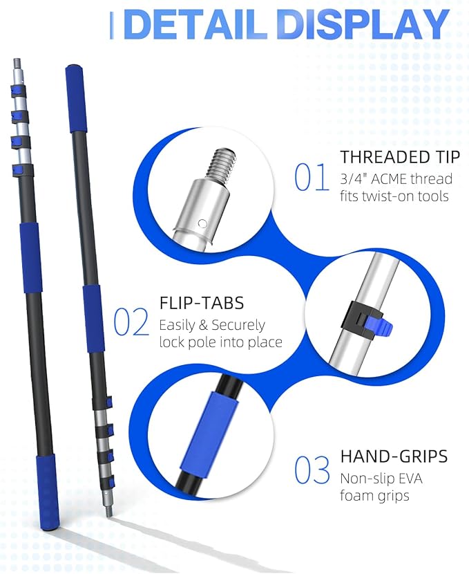 SKGPOLE 26FT Reach Telescopic Extension Pole, 5-19FT Multi-Purpose Extension Pole with Universal Twist-on Metal Tip, Sturdy Aluminum Paint Roller Extension Pole for Squeegee, Paint Roller, Duster