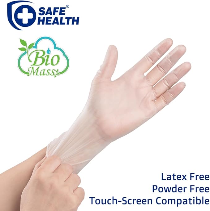 Safe Health Biomass Eco-Friendly Vinyl Disposable Gloves, USDA Certified Biobased Product, Latex Free, Powder Free, Clear, Case of 1000, Medium, 3 mil