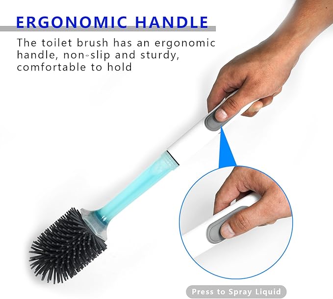 BERGFBV Silicone Toilet Brush and Holder Set, 1 Pack Bendable Toilet Scrubber for Curved Rim, Non-Scratch Drip-Resistant Brush with Sprayer, Space Saving Bathroom Essentials (1)