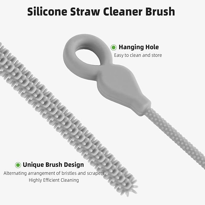 TenderBloom Silicone Straw Cleaner Brush, 4-Piece Reusable Straw Brush Set with Extra-Long Design for Cleaning Thin Metal Straws and Wider Milkshake Straws （6mm+9mm Gray)
