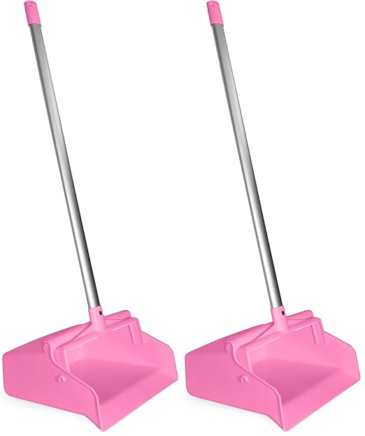 SPARTA Upright Dustpan with Aluminum Handle, Serrated Edge for Broom Combing, Secure Yoke Lock with Easy Storage Hanging Hole for Commercial Cleaning, Plastic, 30 Inches, Pink (Pack of 2)
