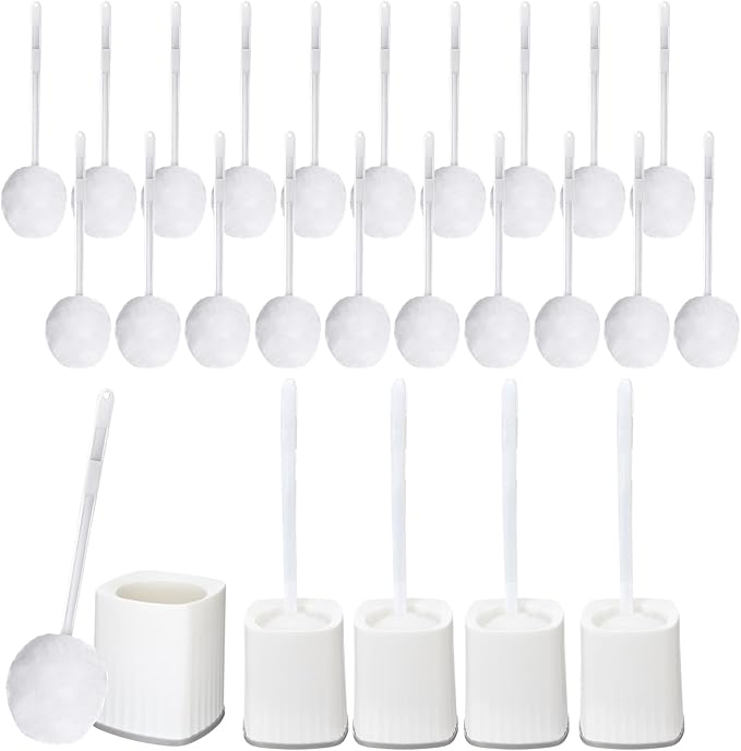 Maxdot 20 Pcs Toilet Bowl Brush Mop and 4 Pcs Brush Holder White Reusable Toilet Bowl Cleaning Scrub Compact Long Scrubber Bulk for Bathroom Accessories Cleaning Supplies