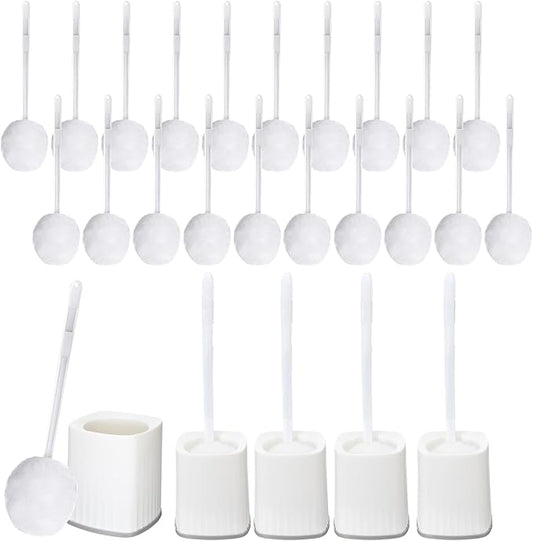 Maxdot 20 Pcs Toilet Bowl Brush Mop and 4 Pcs Brush Holder White Reusable Toilet Bowl Cleaning Scrub Compact Long Scrubber Bulk for Bathroom Accessories Cleaning Supplies