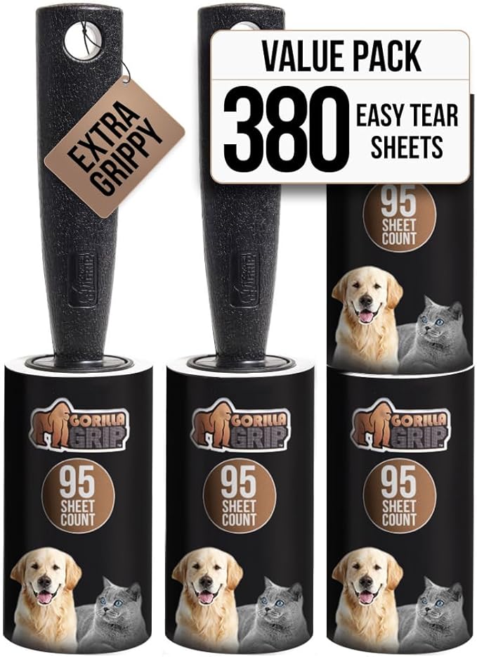 GORILLA GRIP Extra Grippy Lint Rollers, 380 Large Easy Tear Sheets, 2 Comfort Handles + 4 Refillable Rolls Included, Pet Hair Remover Brush, Clothes Furniture, Dog, Cat Animal Friendly Reusable Roller