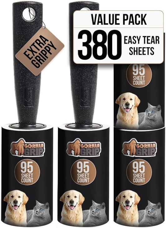 GORILLA GRIP Extra Grippy Lint Rollers, 380 Large Easy Tear Sheets, 2 Comfort Handles + 4 Refillable Rolls Included, Pet Hair Remover Brush, Clothes Furniture, Dog, Cat Animal Friendly Reusable Roller