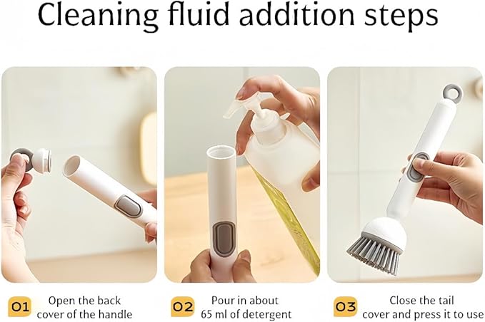 Adjustable Dish Brush with Soap Dispenser, Non-Scratch PET Bristles, Ergonomic Handle, Kitchen Cleaning Tool for Pots, Pans & Sink (Grey, Long-1 Piece)