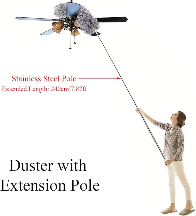 TopHomer Fiber Feather Duster with Stainless Steel Extendable Pole, Ceiling Fan Cleaner for Cobwebs High Ceiling Fan, Interior Roof, Wet & Dry Use (Model E)