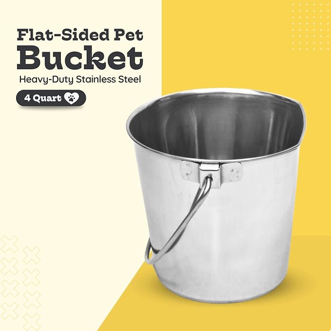 4 Quart Stainless Steel Flat Side Bucket | Durable Heavy Duty Food & Water Feeding Pails for Birds Dogs Cat Goat | Fits kennels Cages Critter Crates Hanging Pet Pail | Multipurpose Bucket