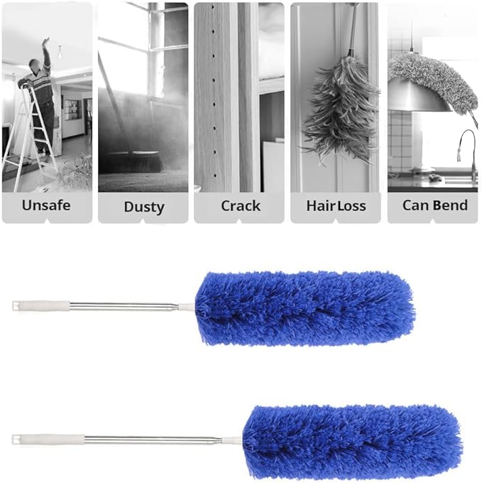 Ceiling Fan Feather Duster with Extension Pole, Cobweb & Corner Brush for Cleaning, Long Handle Aluminum Telescoping Pole, Washable, Blue, 130cm