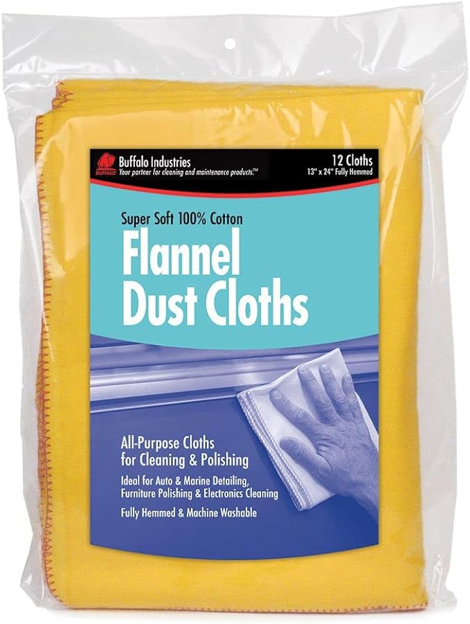 Buffalo Industries (60235) 13" x 24" 100% Cotton Fully Hemmed Yellow Flannel Dust Cloths, Pack of 12, Won't Scratch Fine surfaces, Great for Automotive, Polishing, Cleaning, Machine Washable