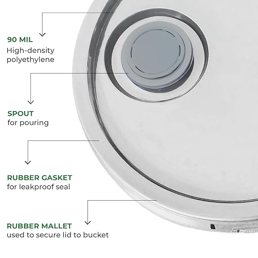 5-Gallon White Bucket Pail with Spout Lid, Metal Handles with Plastic Grip for Easy Carrying, Easy Stack and Store, Heavy-Duty Extra Durable, Food Grade, BPA Free - 2 Pack