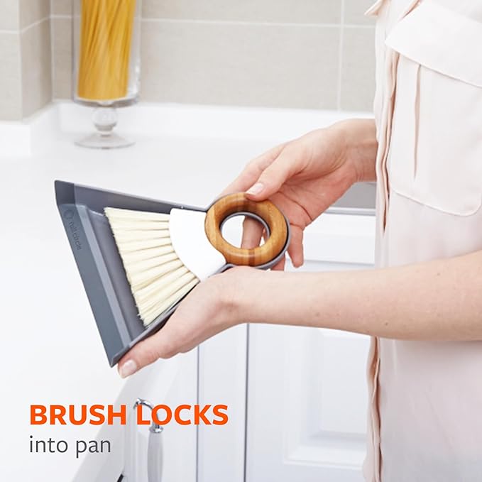 Full Circle Tiny Team Mini Compact Brush & Dustpan Set, Portable Handheld Broom for Quick Cleanups, Ideal for Home, Bathroom, Kitchen Countertops. Bamboo Hand Broom & Small Crumb Sweeper, White