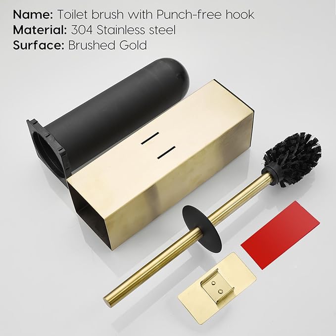 Brushed Gold Stainless Steel Toilet Brush, Square No-Punch Hook Base Toilet Brush Holder Removable Inner Bucket and Splash Proof Cover - Soft Bristles (Non-Drill Square Plastic caps Gold)