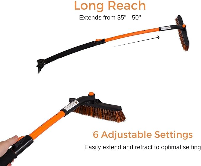 BIRDROCK HOME Snow Moover Extendable 50" Car Brush and Ice Scraper with Foam Grip | Auto Snow Removal | Car Truck SUV Windshield | Heavy Duty