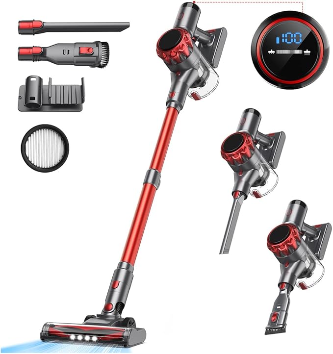 UML0 S3P Cordless Vacuum Cleaner, 45kPa Powerful Suction Vacuum Cleaners for Home, 55-Min Runtime Rechargeable Stick Vacuum, Self-Standing, for Pet Hair Carpet Hard Floor, LED Display