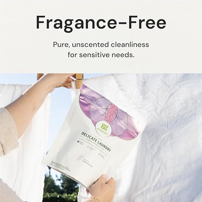 Grab Green Delicate Laundry Detergent Pods, 24 Count, Fragrance Free, Plant and Mineral Based, Superior Cleaning Power, Stain Remover, Brightens Clothes