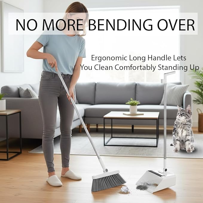 PAYWROK Upgrade Broom with Dustpan Combo Set，Long Handle Self-Cleaning Dust Pan and Brush Set 4-Row Dense Bristles，Indoor Broom Set (White)