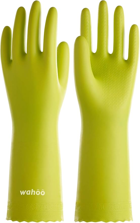 wahoo Skin-Friendly Cleaning Gloves, Cotton Flocked Lined Dishwashing Gloves, Reusable, Non-Slip, Waterproof, Bud Tender, Medium