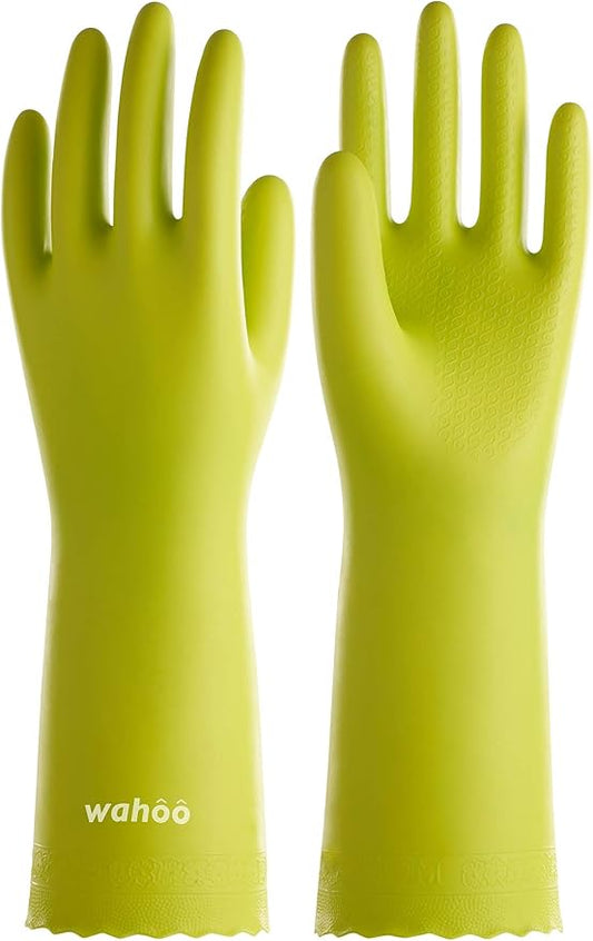 wahoo Skin-Friendly Cleaning Gloves, Cotton Flocked Lined Dishwashing Gloves, Reusable, Non-Slip, Waterproof, Bud Tender, Large