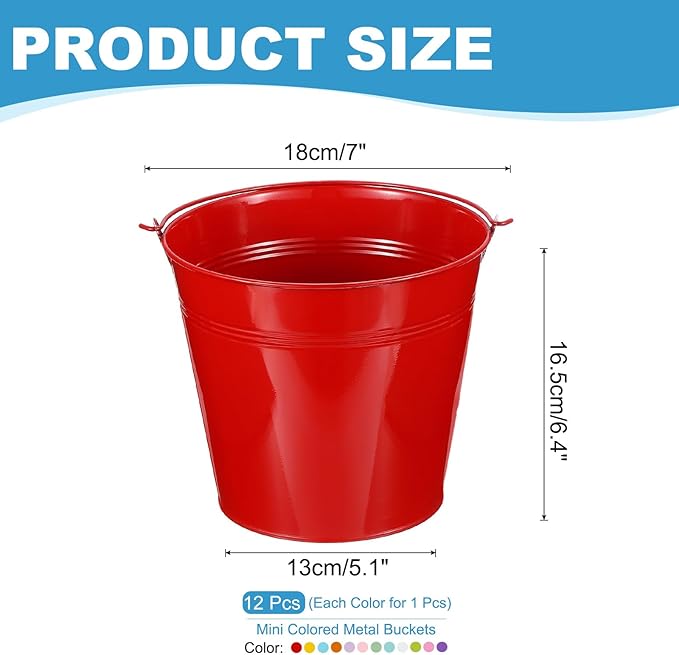 PATIKIL 7"x6.5" Small Metal Buckets with Handle, 12 Pcs Mini Galvanized Bucket Colorful Easter Buckets, Red/Yellow/Blue/Purple/Pink/Light Green/Orange/White/Green/Rose Red/Dark Purple