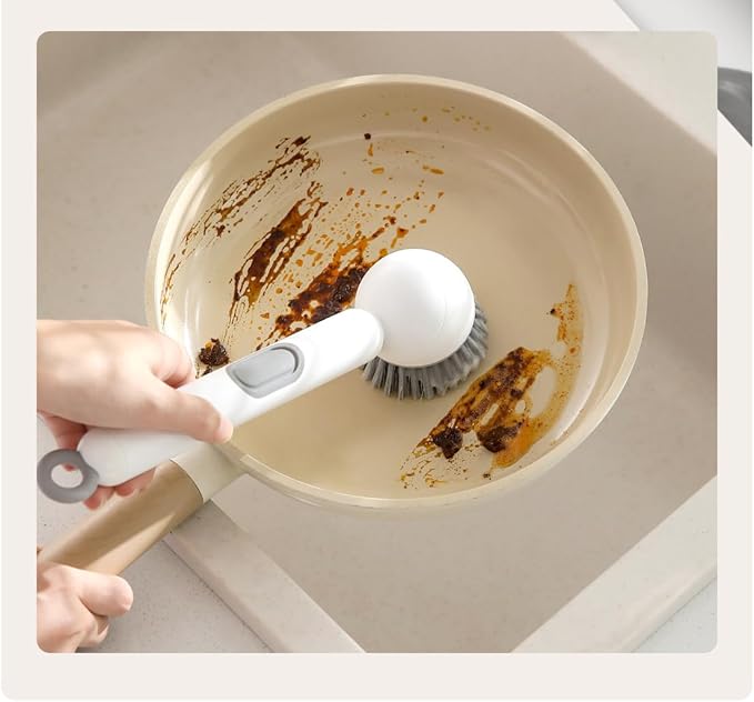 Rotating Dish Brush with Soap Dispensing Handle,Kitchen Scrub Brush with Hook，White