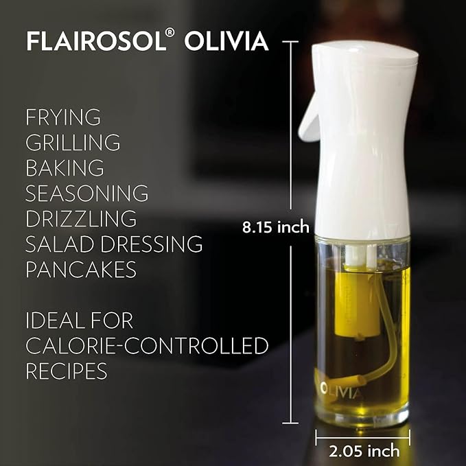 FLAIROSOL OLIVIA. The Original Advanced Oil Sprayer for Cooking, Kitchen, Salads, BBQs, Continuous Spray with Portion Control, 130ml Glass Olive Oil Sprayer(White Print)