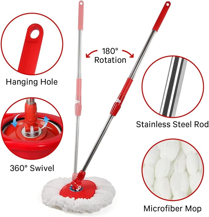 Pedal Spin Mop and 7LT Bucket Floor Cleaning System with 3 Extra Microfiber Mop Replacement Refills - Labor-Saving Foot Pressure Spin Mop with Adjustable Stainless Steel Handle for Floor Cleaning