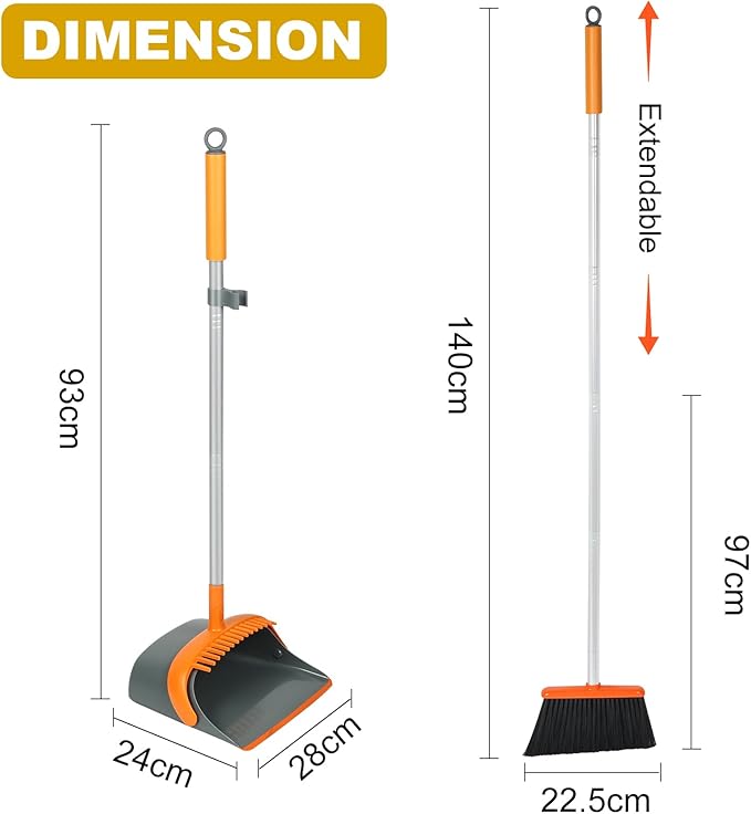 Dirty Fox Broom and Dustpan Set with 54 Inch Long Handle - Perfect Dust Pan and Brush Combo for Home Efficient Cleaning (Orange and Grey)