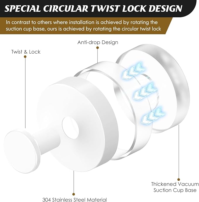 MOTAIPEAK Suction Cup Hooks for Shower,Removable Shower Towel Suction Hooks for Bathroom Wall,Kitchen,Glass,Mirror,Tile to Hang Robes,Loofah-White(2-Pack)