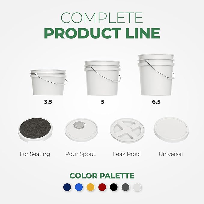 5-Gallon White Bucket Pail Container with Lid Food Grade Heavy-Duty Extra Durable Metal Handles with Plastic Grip for Easy Carrying Multi-Use Easy Stack and Store BPA Free