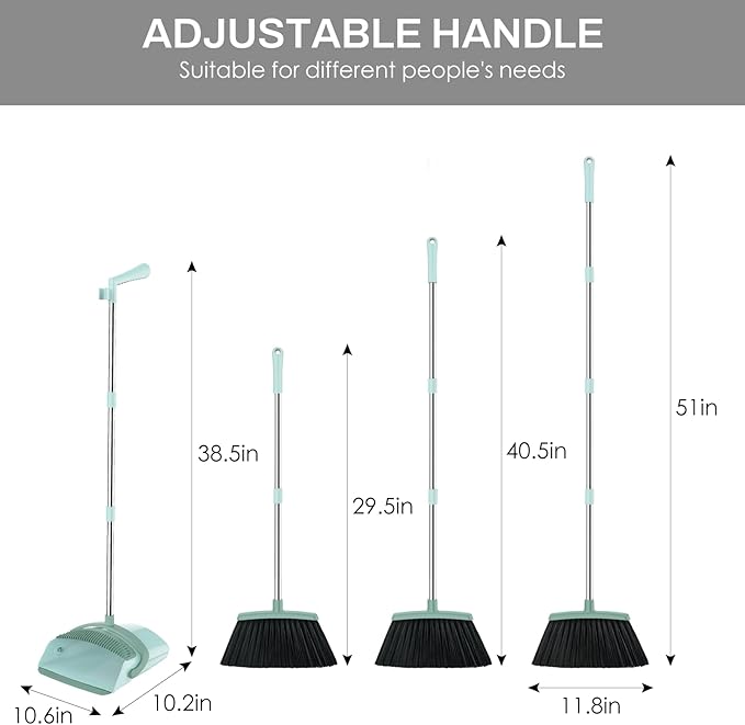 EZKEY Broom and Dustpan Set for Home, 51-in Long Adjustable Handle Angle Broom and Dustpan Combo Set with Dust Pan Teeth to Clean Hair for Home Kitchen Office Lobby Floor Garden, Green
