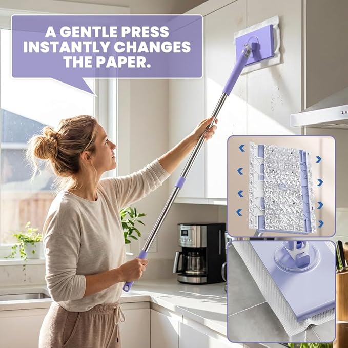 2026 Snap Grip Mini Mop Upgraded with 10 Pads| Zero Touch Hands-Free Cleaning Mop|27.5” & 36.5” Adjustable Handle Flat Dust Mop for Bathroom,Corners,Windows|No Wash, Wet & Dry Use (27.5”White)
