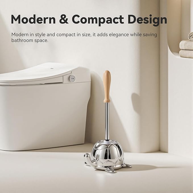 Toilet Brush and Holder Set, Ceramic Turtle Base Toilet Brush Set - 7.5” Bowl Cleaner, Toilet Scrubber Brush with Ergonomic Handle (Silver)