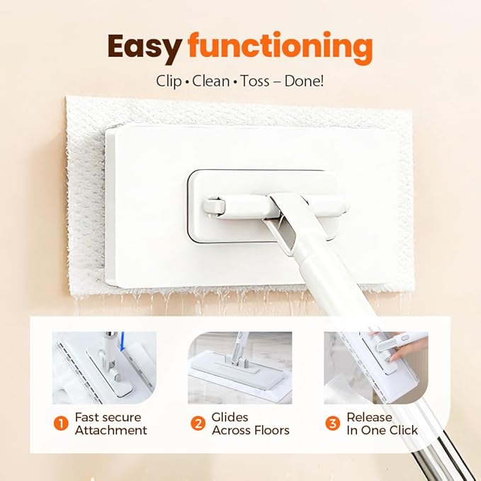 Snap Grip Mini Mop,Mini Sweeper Mop No-Touch Dirty Cleaning Flat Dust Mop for Dry Wet Disposable Pads,Corners Wall Multi Surface Cleaning (White 6.3x31 inch)