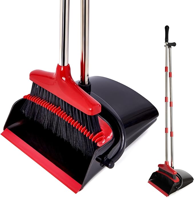 XXFLOWER Broom and Dustpan Set with Long Handle, Light Weight Stainless Steel Poles Stand Upright Dustpans with Broom Combo for Home Kitchen Office Pet Dog Hair, Black & Red Color, 1-Pack