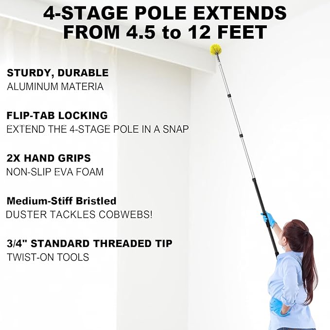 20 Foot Cobweb Duster with Extension Pole, 4-12ft Dusters for Cleaning with Bristles, High Reach Feather Duster for Outdoor Indoor, 4-Stage Spider Web Remover with Telescopic Pole for Ceiling Wall