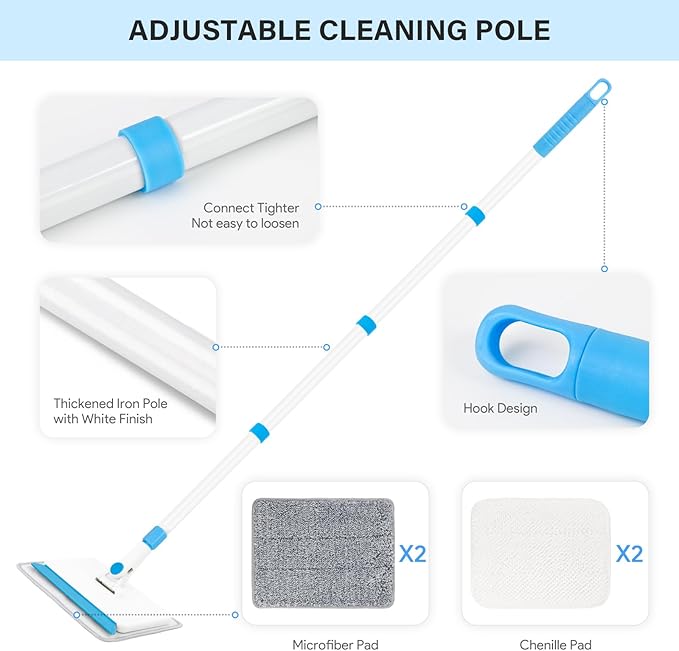Cleaning Tools for Baseboard, Baseboard Cleaner Tool with Handle, 4 Reusable Cleaning Pads Wall Cleaner for Baseboards Cleaning, Ceiling, Wall, Floor, Shower Bathroom Kitchen