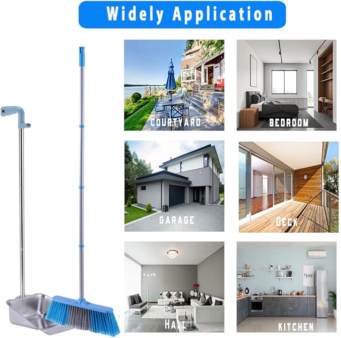 YONILL Broom and Dustpan Set for Home - Indoor Broom and Dust Pans with Long Handle, 52" Indoor Broom with 38" Heavy Duty Metal Dust Pan Set Combo for Home Kitchen, Garage, Office and Lobby Use