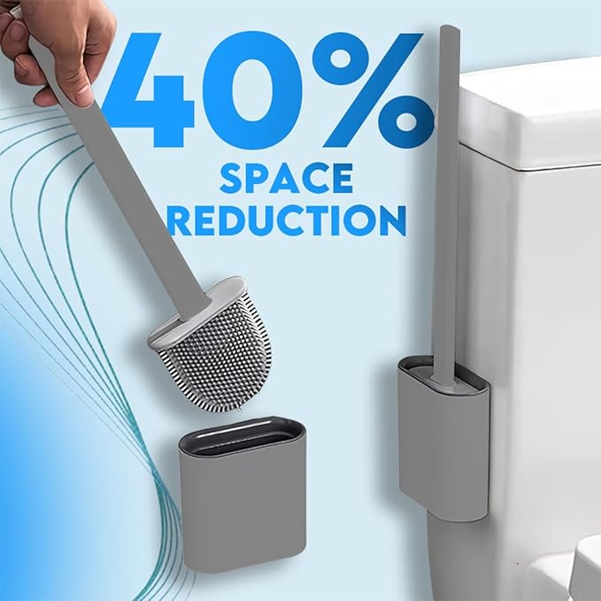 Silicone Toilet Brush and Holder Set – Pack of 1 Wall Mounted Toilet Brush Grey – Long Non-Slip Handle, Flexible Bristles for Easy Cleaning – Modern Toilet Scrubber Brush
