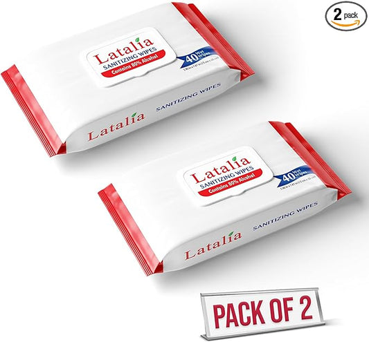 Latalia Hand Wipes Pack of 2 | 80% Alcohol Hand Sanitizer Wipes for Hands & Face Moisturizing, Gentle, Convenient and Fragrance Free (40 Counts)