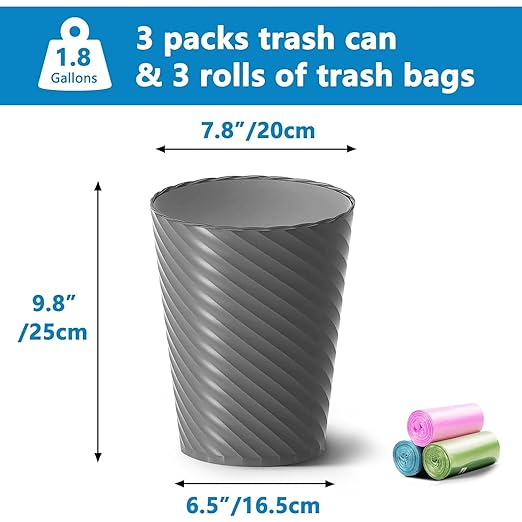 Bathroom Trash Can, 3 Pack 1.8 Gallons Small Trash Can with Trash Bags, Bathroom Garbage Can, Plastic Trash Bin, Round Waste Basket for Bedroom, Office, Room (White Pink Grey)