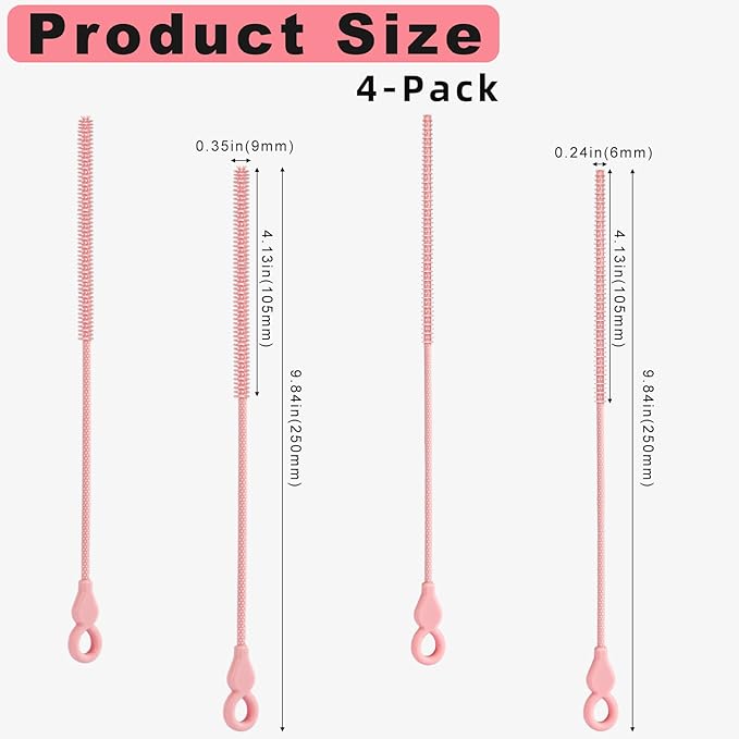 TenderBloom Silicone Straw Cleaner Brush, 4-Piece Reusable Straw Brush Set with Extra-Long Design for Cleaning Thin Metal Straws and Wider Milkshake Straws （6mm+9mm Pink)