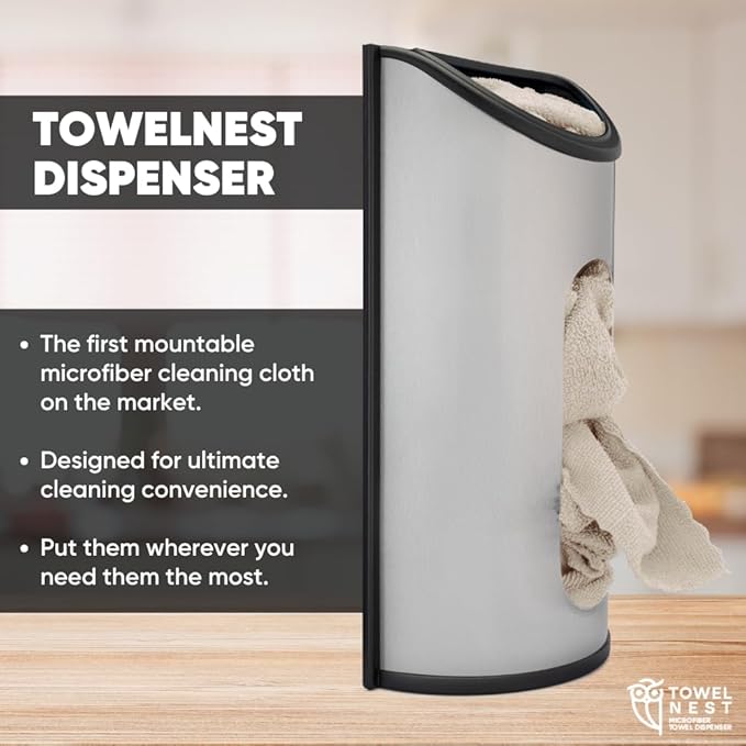 TowelNest Microfiber Cloth Dispenser | 15 Reusable Cloths (Beige) | Eco-Friendly Paper Towel Alternative | Absorbent & Washable | Wall/Cabinet Mount (3M Adhesive & Screws Included)