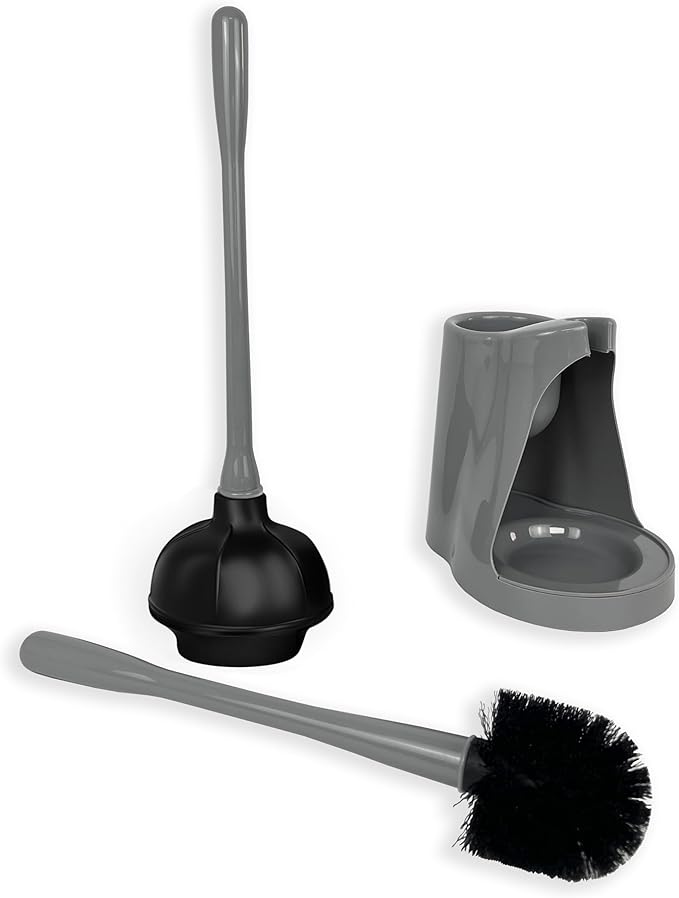 2 in 1 Toilet Brush and Plunger Set - Toilet Brush with Solid Handle, Stand and Holder for Deeply Cleaning in Bathrooms - Plastic Toilet Brush and Holder Set in Grey