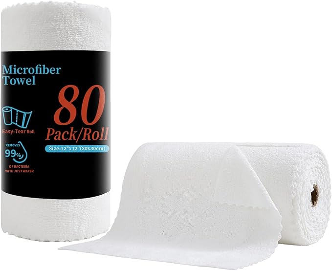 Tigona 80 Pack Microfiber Cleaning Cloth Roll,Lint Free Rags & Tear Away Reusable Towels Washable Scratch,Ultra Absorbent Dish Rags(12" x 12") for Car Kitchen Home Garage-White