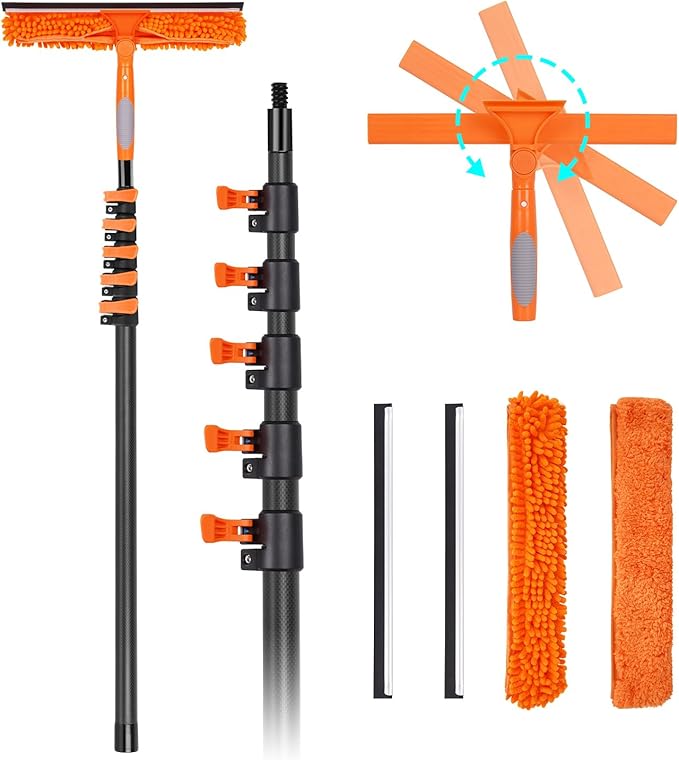 Msnaile Window Washing Kit with Extension Pole 4.7 to 24FT, Long Squeegee for Window Cleaning Indoor Outdoor, Carbon Fiber Telescopic Pole for Window Cleaner Tool with Microfibre Pad & Chenille Cloth