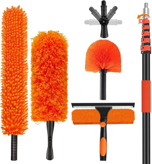 30FT High Reach Duster Cleaning Kit with 24FT Pole | 4-in-1 Tool Set with Universal Swivel Joint | High Ceiling Fan Cleaner, Microfiber Duster, & Window Squeegee for Safe High-Reach Cleaning
